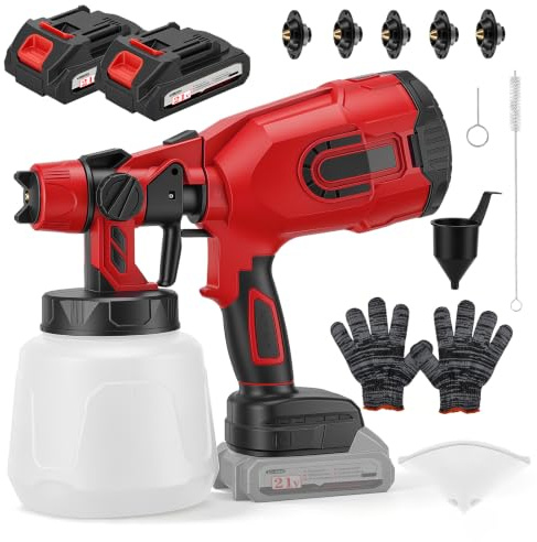 Pistola Pintura Bateria,Pulverizador de Pintura 21 V, Pistola Pintura con batería con 3 Patrones, 1400ml HVLP Pistola con 2 Baterías de 3000 mAh y Ccargador para Cercas, Paredes, Techos(Rojo)