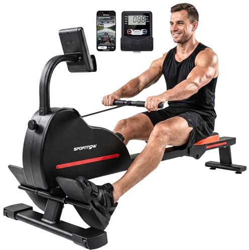SPORTNOW Rameur Magnétique Bluetooth 16 Niveaux de Résistance Rouge