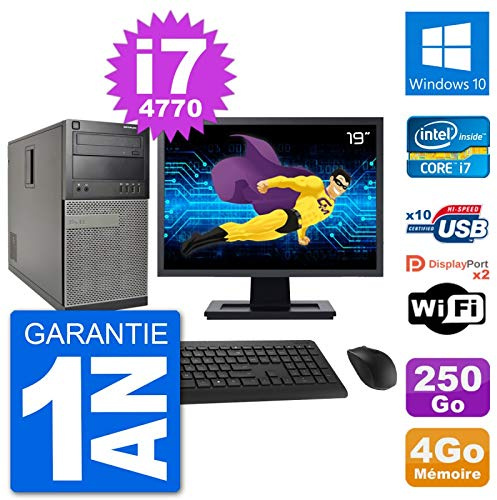 Dell PC Tower 7020 - Ordenador de sobremesa (19, Intel i7-4770, memoria RAM de 4 GB, disco de 250 GB, Windows 10, Wi-Fi, reacondicionado)