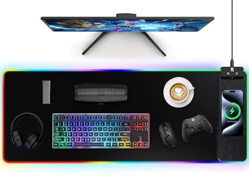 Mouse Pad with Wireless Charging, Large Desk Mat RGB Gaming Mousepad, 10 Light Colors LED Gaming Pad Keyboard Pad with Ultra-Smooth Surface & Non-Slip Rubber Base, Waterproof Full Desk Mouse Pad