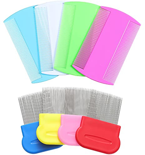 Peine para piojos de pulgas de doble cara, peine de depilación con dientes de metal (4 x 2 pulgadas, 2.24 x 2.24 pulgadas, rosa, azul claro, azul, blanco, verde, rojo, amarillo)