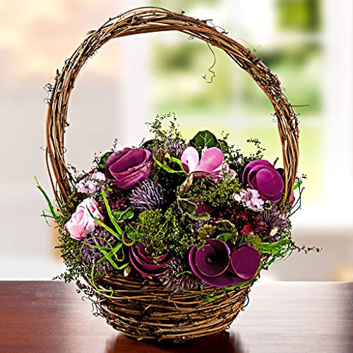 Dekoleidenschaft Kunstblumen im Rattankorb, rosa/lila, Blumenkorb, Blumengesteck, Grabschmuck, Tischdeko, Gartendeko für Draußen