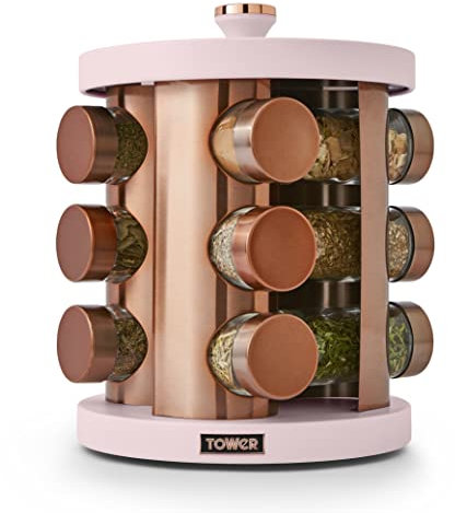 Tower T826022PNK Cavaletto 12 Jar Rotating Spice Rack with Pre-Filled Spices, Marshmallow Pink and Rose Gold