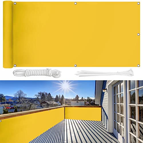 Ariyalk Balkon Sichtschutz 90×1700cm Ohne Bohren, 100% Schutz der Privatsphäre,Blickdichte Balkonumspannung Windschutz UV-Schutz Gartenzaun Schwimmbad-Leitplanke,mit Ösen Kabelbinder und Kordel/Gelb