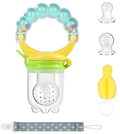 Vicloon Fruchtsauger Baby,Fruchtsauger Set mit Schnullerkette,Schwammbürste,3 Silikon Sauger Ersatz,BPA-freie Zahnungshilfe, fruchtsauger baby ab 3 monate für Obst, Gemüse, Brei und Beikost - Grün