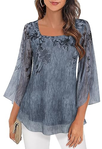 Ladies Tunic Tops UK, Loose Tops for Women UK Womens Shirts and Blouses UK Ladies Chiffon Blouses Size 18 Elegant Floral Tops Swing Lightweight Mesh Blouse Shirts for Women 3/4 Sleeve Dressy Top