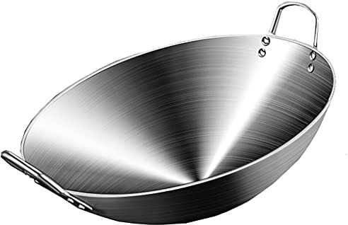 OQHAIR Sartén Wok de Acero Inoxidable no magnético 201 Engrosada 34 cm 70 cm Fondo Redondo Sin Recubrimiento Simplicidad Moderna Sartén Antiadherente Wok de Doble Oreja para Estufas de ga