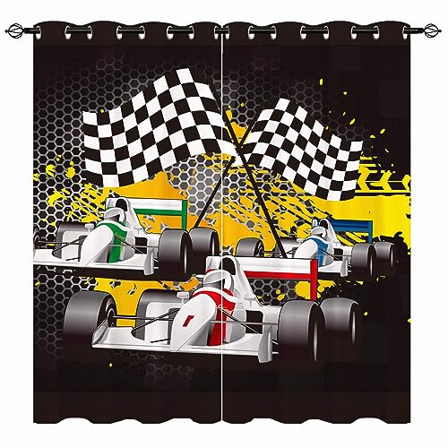 YUANZU Rennwagen Vorhänge Kinder Jungen Karting Karierte Flaggen Ösen Gardinen mit Blickdichte Vorhang Blackout Curtain Kinderzimmer Schlafzimmer Verdunkelung Fenster, 2 Stück, H 160 x B 132 cm