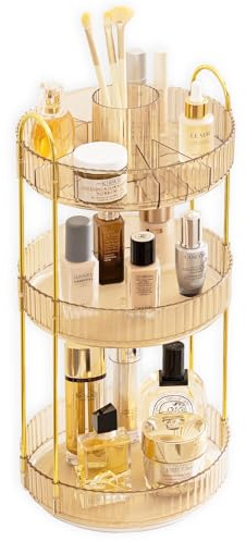 ROLIZOE Organizador de Maquillaje Giratorio 360 Organizador Cosmeticos 3 Niveles Gran Capacidad Almacenaje Cosméticos Organizador Perfumes Makeup Organizer con Portacepillos para Baño Tocador, Oro