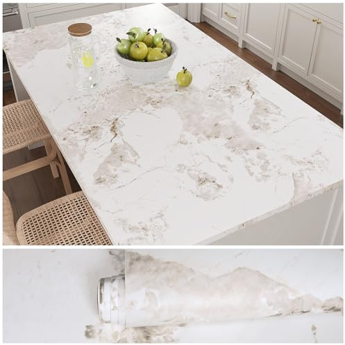 VEELIKE Klebefolie Marmoroptik Weiß Beige Marmor Tapete Selbstklebend Folie Küchenrückwand Mamorfolie Marmortapeten Wand Küchentapete Abwaschbar Wandtapete Badezimmer Arbeitsplattfolie 40cm×300cm