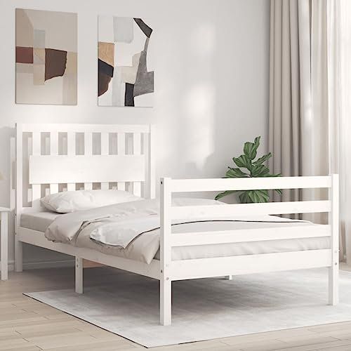 Camerina Massivholzbett mit Kopfteil Bettgestell Bed Frame Holzbett Kopfteil Bett Schlafzimmer Bett Massivholzbetten Weiß 100x200 cm 3194302