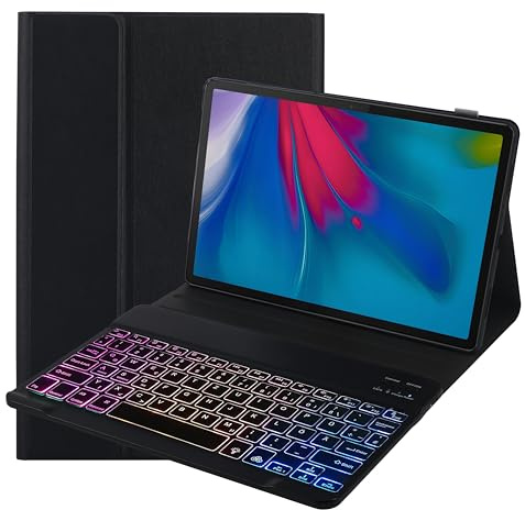 SUEEWE Tastatur Hülle für Lenovo Tab M11 11 2024 (TB330FU), TPU Rückseite Hülle mit 3 Bereich 7 Farbe Beleuchtete Abnehmbarer QWERTZ Tastatur, Schwarz