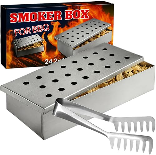 Räucherbox Set inkl. 1x Zange für Holzkohle-, Elektro- & Gasgrill – Smokerbox aus Edelstahl zum Grillen – Smokergrill-Flair für Fleisch, Fisch & Gemüse - 1 x Smoker Box
