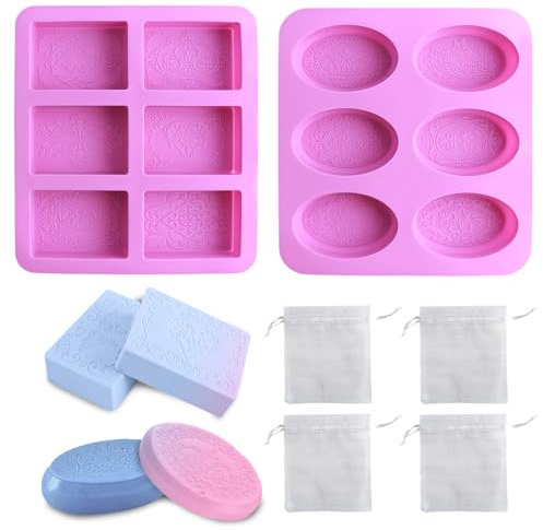 2Pcs Homemade Soap Mould Set, Purple Silicone Soap Moulds with 4 Yarn Bags | 6 Cavity Silicone Leaves Soap Handmade Mould, DIY Handmade Cube Soap Trays, Oval Leaf Soap Mould for Soap Cake Biscuit Making
