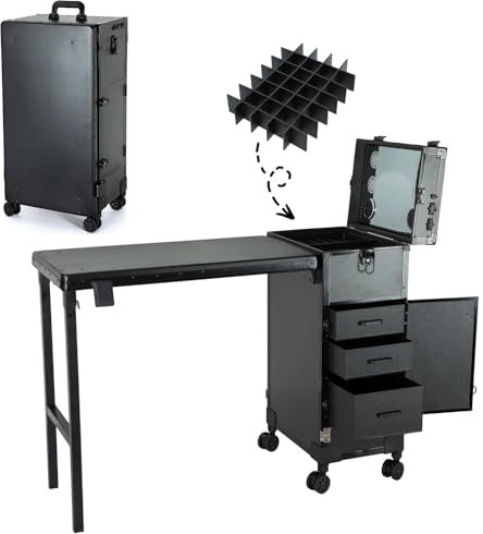 ZhenGuiRu Portable Manicure Table 3 Drawers, Rolling Lockable Makeup Train Case with Blueteeth Speaker and Nail Polish Organizer, Foldable Nail Desk with Mirror & TSA Lock for Nail Tech and Salon Use