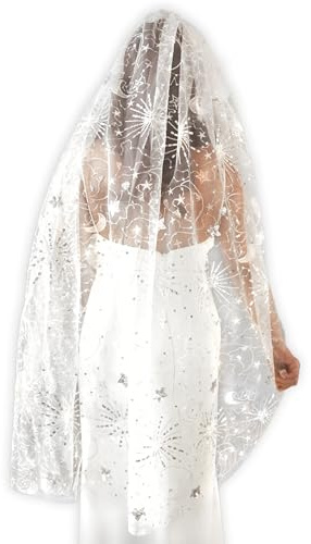 YAEISM Bride Wedding Veil White Glitter Cathedral Sparkly Bachelorette Party Veil Star and Moon Tulle Veils for Brides
