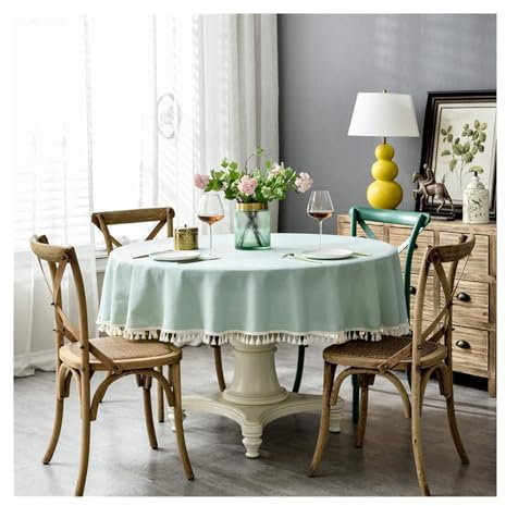 AMDXD Tischdecken Rund, Einfarbig mit Spitze Tischtuch Polyester, Tischtuch Biertisch Fleckschutz Schmutzabweisend für Wohnzimmer, Esszimmer, Balkon, Garten, 180CM, Blau Grün+Quaste