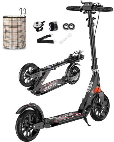 Roller Erwachsene 150 kg Tragkraft 290mm Big Wheel Scooter, City Roller Erwachsene mit Handbremse und Stoßdämpfer Klappbar höhenverstellbar Roller vorne (schwarz)