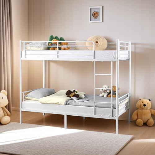 Bonnlo Metal Bunk Bed, Single over Single Loft Bed Frame with Ladder and Safety Guardrail, Bedroom Dorm Apartment Furniture Space-Saving Twin Over Twin Bunk Bed for Kids Teens Adults (White)