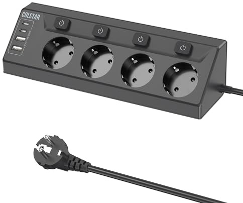 COLSTAR Multiprise d'angle avec USB, 4 prises avec USB C, prise d'angle de cuisine avec câble de 2 m, prise de table 16 A pour la maison, le bureau, la cuisine, l'atelier
