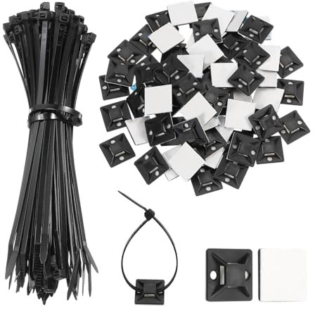 QUARKZMAN 100 Satz 200mm Länge Kunststoff Kabelbinder Schwarz, 22kg Zugfestigkeit Wiederverwendbare Kabelbinder Set mit Klebepad 25x25mm, Selbsthemmend Befestigungsbinder für Kabelmanagement