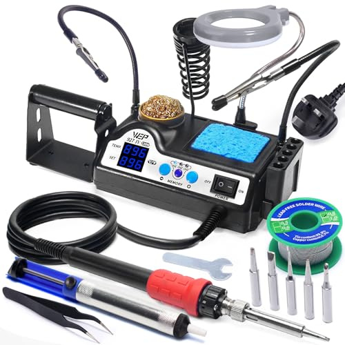 WEP 927-IV V1 Soldering Iron Station Kit 110W with 3 Preset Channels, Sleep Mode, LED Magnifier, 5 Extra Iron Tips, Tip Cleaner, 2 Helping Hands, Tip Storage Slots, Solder Wire, Tweezers (UK)