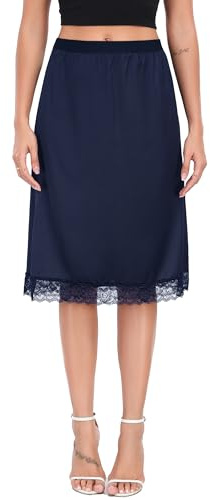 Lovasy Enaguas Cortas de Mujer Satén Falda Interior de Encaje Minifalda Cintura Elástica Suave Media Combinación,Azul Marino,M