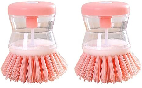 2 cepillos para lavar platos con dispensador de jabón, cepillo dispensador de jabón de plástico, cepillo de cocina para platos, ollas, sartenes, fregaderos, accesorios de cocina (rosa)