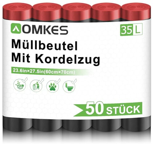 AOMKES Müllbeutel 35L Schwarz Mit Zugband, Müllsäcke, 50 Stück | Dichte Ausführung, Reißfest, Auslaufsicher, Ideal Für Haushaltsabfälle, Einfach Zu Entsorgen