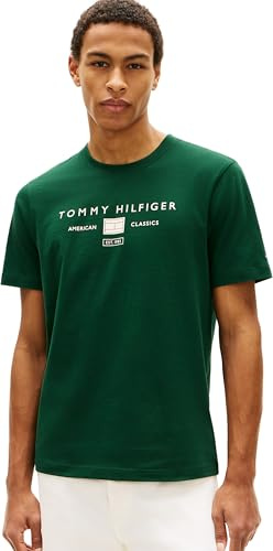 Tommy Hilfiger Uomo T-Shirt Maniche Corte Brand Love Mono Stack in Cotone, Verde (Nocturnal Green), L