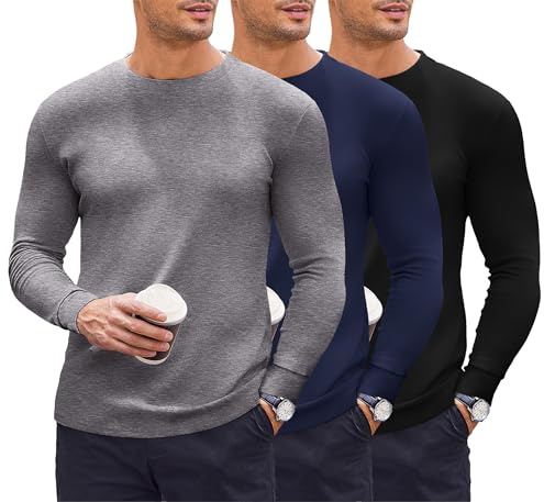 Ekouaer 3-pack termounderkläder herr topp termo långärmad skjorta varma underkläder vinter undertröja, Svart + marinblå + grå, XXL