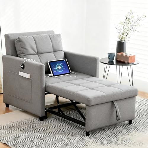 3-in-1 Schlafsofa mit schlaffunktion,1-Sitzer schlafsessel mit bettfunktion & Seitentasche,Verstellbarer Rückenlehne umwandelbarer Stuhl Bett mit USB/Typ-C fürs Wohnzimmer Schlafzimmer 82x188cm(Grau)