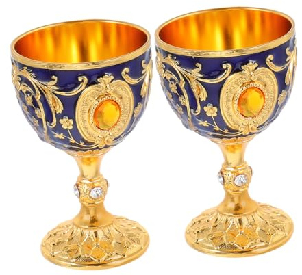 IWOWHERO 2pcs Vintage Goblets Embossed European Metal Drinking Chalice with Gold and Blue Finish for Weddings Halloween Religious Ceremonies