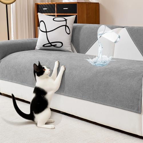 DeepDream Wasserdicht Sofa Überzug Chenille Sofabezug, Kratzfest Hund Katze Sofaschoner, Rutschfester Sofa Cover Couch Überzug 2 3 4 Sitzer für U Form L Form Sektionssofa (Hellgrau, 90 * 180cm)