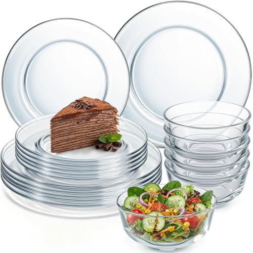 Havawish 18 Pcs Clear Glass Plate and Bowl Sets Dinnerware Set,Round