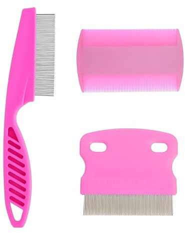 Xelmorant Flea & Lice Comb Set 3pcs Durable Fine Tooth Pet Grooming Tools Tear Stain Remover for Dogs & Cats Pink