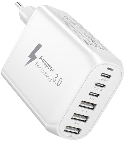 Chargeur USB C Rapide 60W, 6 Ports Prise USB C Chargeur Rapide iPhone, Chargeur USB Multiple Secteur avec PD&QC3.1A Adaptateur Type C Chargeur pour iPhone 17 16 Air 15 14 13 12, Galaxy S25 S24
