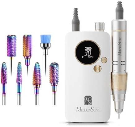 MelodySusie Kit Professionnel Ponceuse à Ongles SC320F + Fraises en Carbure de Tungstène | 30000 tr/min, 6 Embouts, 5 Fraises Haute Durabilité pour Manucure & Pédicure de Précision
