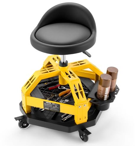 VEVOR Taburete de Taller con Ruedas Capacidad de 150 kg, Taburete Mecánico Altura Ajustable de 50-65 cm, Asiento de Mecánica Giratorio de 360°, con Respaldo, Bandeja para Herramientas, para Garaje