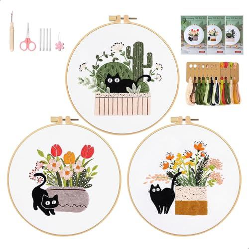 chituodian Embroidery Kit Ricamo Principianti, Progetti DIY Artigianato 3 Set Ricamo Starter Kit Punto Croce con Motivo Gatto, Cerchio, Filo e Aghi, per fai a Mano per Adulti