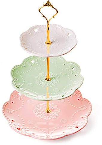 YBK Tech Plateau de service en porcelaine à 3 étages - Blanc + vert + rose (tige dorée)