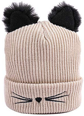 Damen Katzenohren Warme Strickmütze Wollmütze Beanie Wintermütze Kappe aus Wolle und Kaschmir für Frauen Mädchen (Beige)