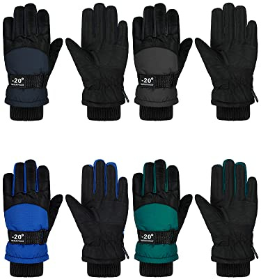 Hicarer 4 Pairs Winter Gloves for Kids Waterproof Snow Ski Gloves Girls Boys Warm Unisex Youth Clothes for Cold Weather(Red, Blue, White, Yellow,6-12 Years Old)