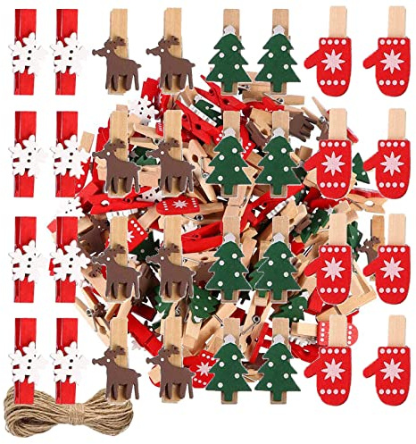 120 Stück Mini Dekoklammern Weihnachten Wäscheklammern Holzklammern klammern Klein Weihnachten Adventskalender Weihnachtsclipdekoration Klammern Weihnachtsdeko Holzklammern+12m Naturhanfseil