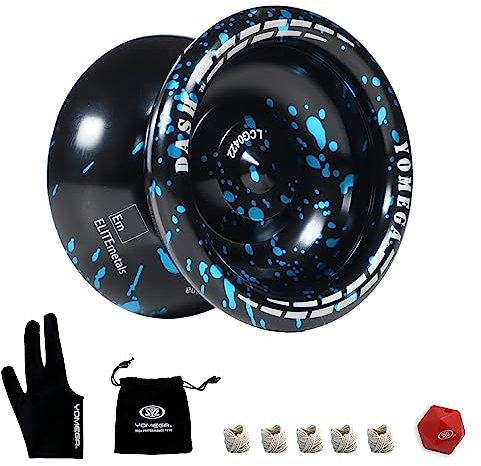 Yomega Dash Yoyo - Pro Aluminum Metal Unresponsive Yoyo with C Size Ball Bearing for Advanced yo yo Tricks + Extra 5 Strings + Glove + Bag + Die & 3 Month Warranty (Black Blue)