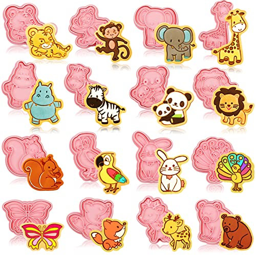 Hoolerry Juego de 16 cortadores de galletas de animales con sellos de émbolo en forma de animal en 3D, moldes para hornear galletas, fondant, queso, para bricolaje