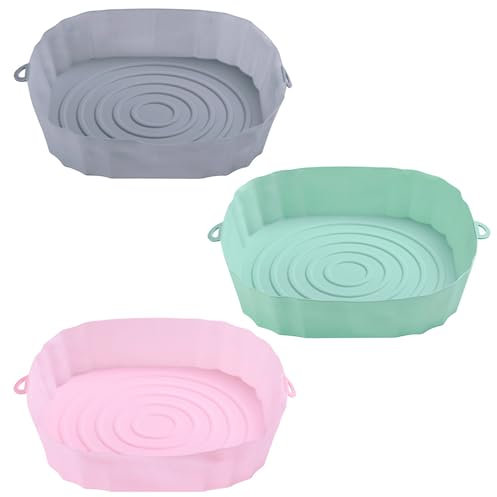 Moule Silicone Air Fryer 3 Pièces 18x4,5cm Air Fryer Tray Silicone Air Fryer Silicone Pot Panier Friteuse à Air Chaud Papier Cuisson Silicone Pour Four, Moule à Gâteau Micro-Ondes, Cuiseur Vapeur
