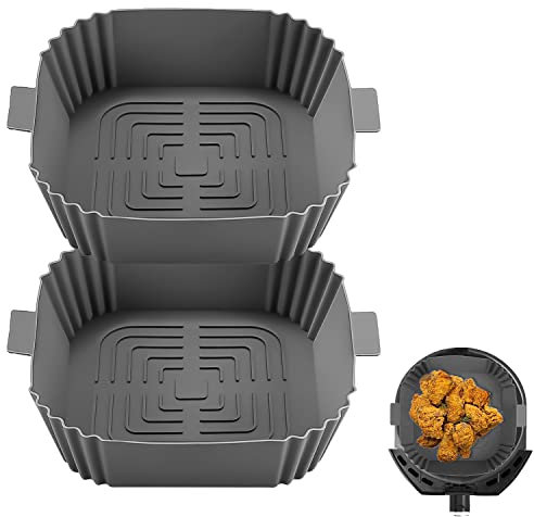 Air Fryer Pot en Silicone 20CM, 2 Pièces Pot en Silicone pour Friteuse à Air, Réutilisable Aux fours à Micro-Ondes, Moules à Gâteaux, Cuiseurs Vapeur (Gris)