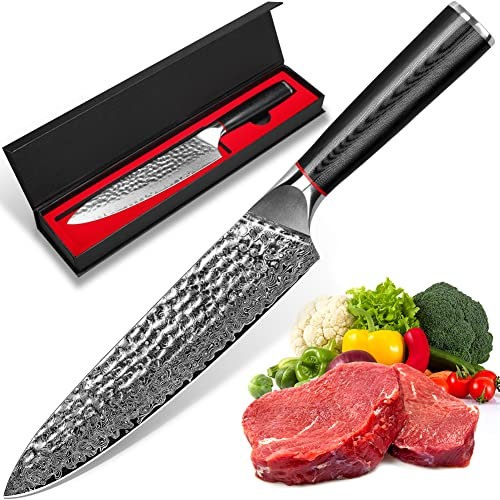 kyushublade Kochmesser 19cm, 8 Inch 67 Schicht Gehämmertem Damaststahl Professionelles Küchenmesser, Multifunktions Chefmesser Fleischmesser mit Pakkawood Griff,Geschenk