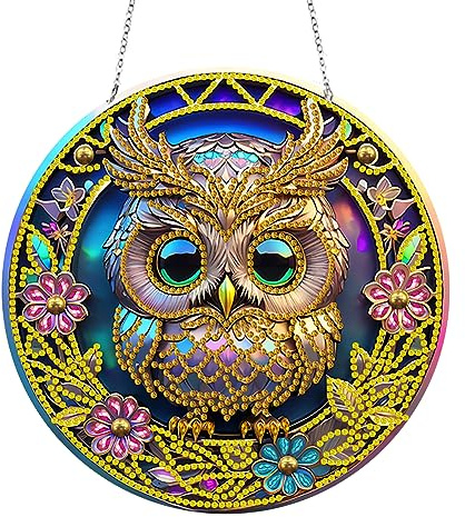 Starnearby 5D DIY Diamond Painting Anhänger mit Kette Doppelseitig Diamantmalerei Ornament Diamant Painting Girlande Kranz Wandbehang Kits für Fenster Wand Und Eingang Decor(Eule C)